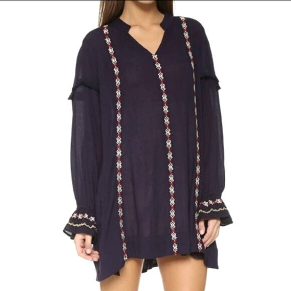 Tularosa Revolve V Neck Embroidered Boho Chic Navy Blue Tunic Mini Dress Size S - Picture 15 of 16